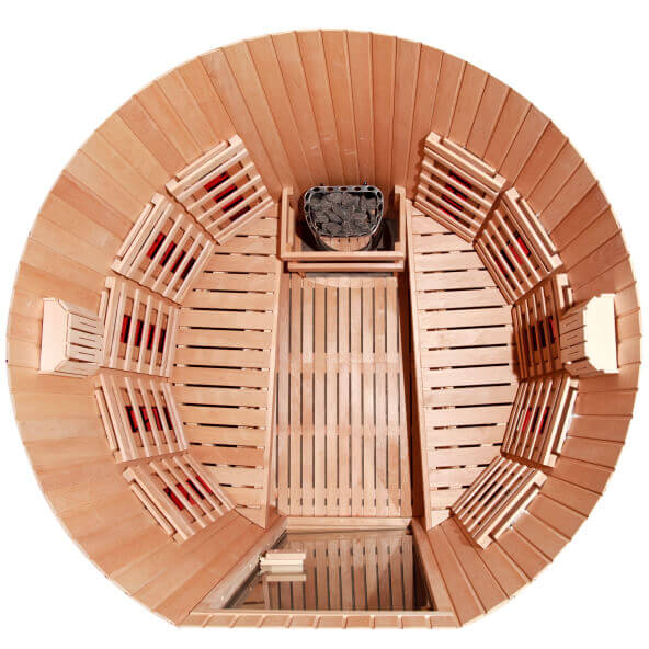 Aerial view of a round sauna with two opposing benches. Aerial view of a round sauna with two opposing benches.
