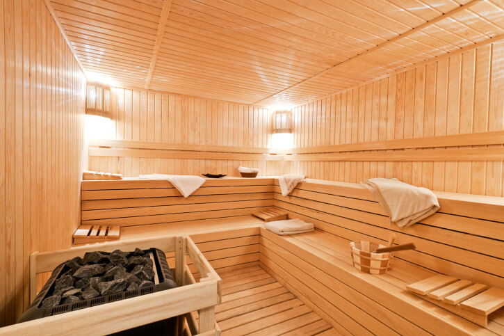 Typical L-shaped two-tiered sauna. Typical L-shaped two-tiered sauna.