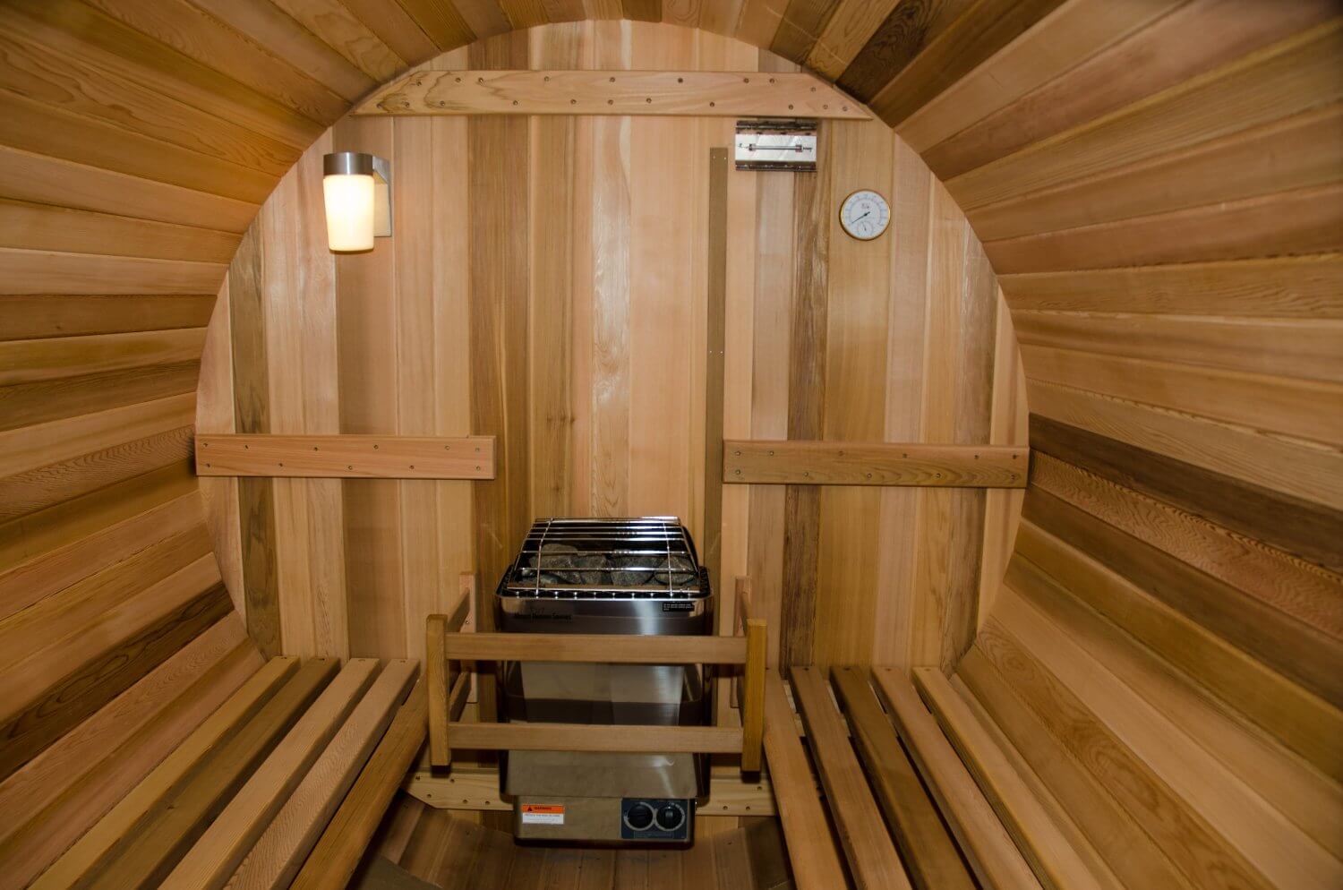 Inside of a dry heat barrel sauna Inside of a dry heat barrel sauna