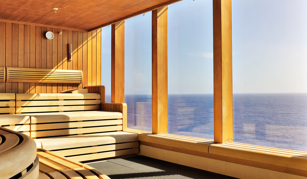 Large three-tiered sauna with windows overlooking the ocean. Windows this large is very unusual for a sauna... so too is the three levels. Large three-tiered sauna with windows overlooking the ocean. Windows this large is very unusual for a sauna... so too is the three levels.