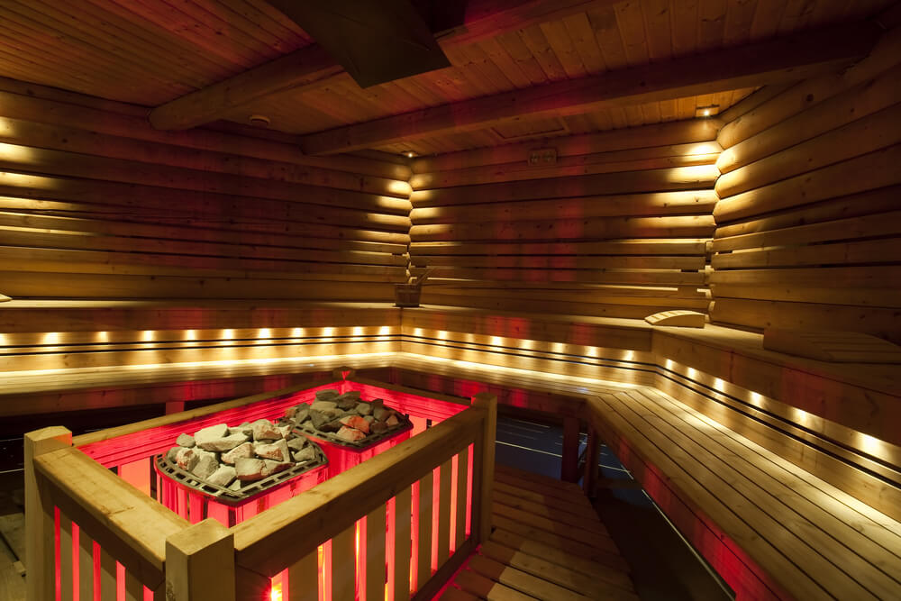 U-shaped sauna with two heating elements in the middle. U-shaped sauna with two heating elements in the middle.