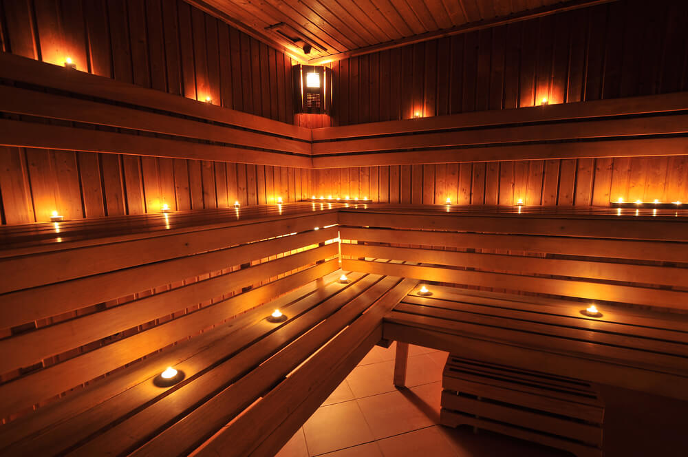 Three-level sauna interior with mood lighting Three-level sauna interior with mood lighting