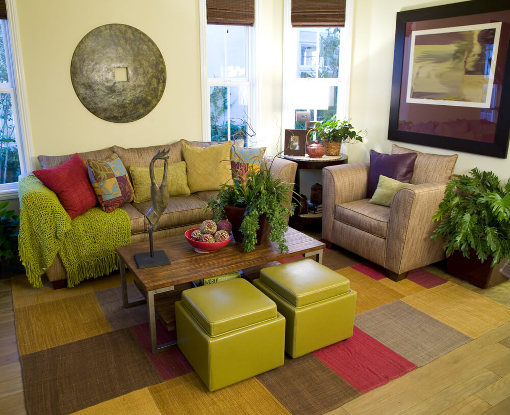 Living room design with plenty of color - various shades of brown, pink and green. Living room design with plenty of color - various shades of brown, pink and green.