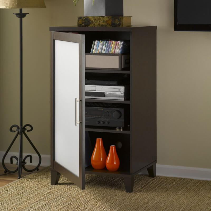 Attractive small cabinets are a great place to store DVD players and sound systems. They keep cords hidden and aren't bulky like typical entertainment centers Attractive small cabinets are a great place to store DVD players and sound systems. They keep cords hidden and aren't bulky like typical entertainment centers