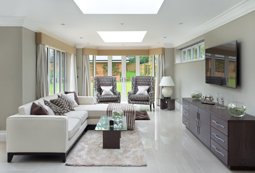 A single skylight can mean the difference between a light and dark room. The skylight is rimmed by recessed lighting for dark days. A single skylight can mean the difference between a light and dark room. The skylight is rimmed by recessed lighting for dark days.