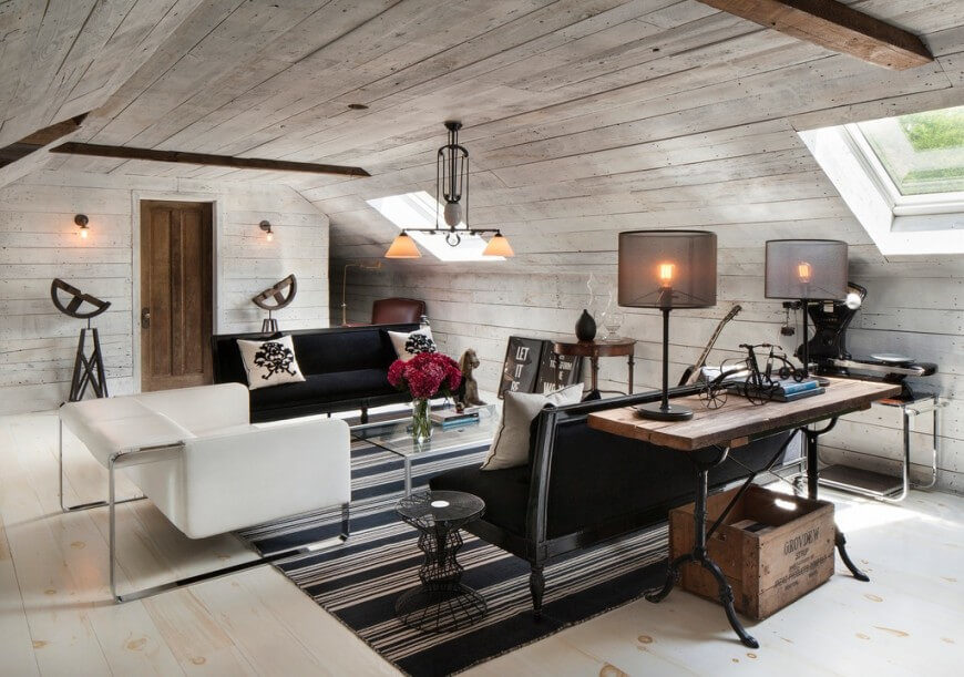 Sometimes bare walls look great, and in this case, the shiplap ceilings and walls really make this attic living room look unique. Sometimes bare walls look great, and in this case, the shiplap ceilings and walls really make this attic living room look unique.