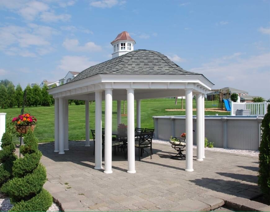 Another great example of an open design pavilion style gazebo. This one features a bell shaped roof and fluted columns. Another great example of an open design pavilion style gazebo. This one features a bell shaped roof and fluted columns.