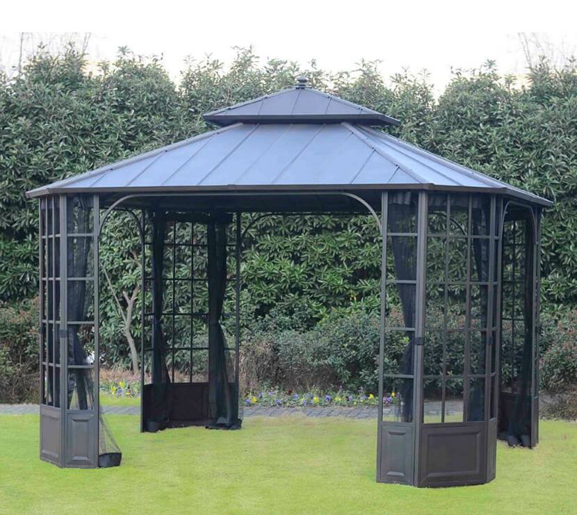 This portable aluminum gazebo has a hard top, which means it won't sag under the weight of rain should you have inclement weather. It also has screens you can close if it's a little buggy out. This portable aluminum gazebo has a hard top, which means it won't sag under the weight of rain should you have inclement weather. It also has screens you can close if it's a little buggy out.
