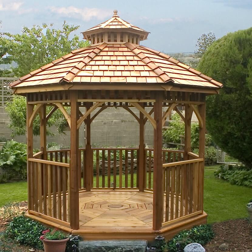 The slope of this gazebo's roof is not as severe as the earlier examples, and the structure features a wooden floor, also adopting the octagonal shape. The slope of this gazebo's roof is not as severe as the earlier examples, and the structure features a wooden floor, also adopting the octagonal shape.