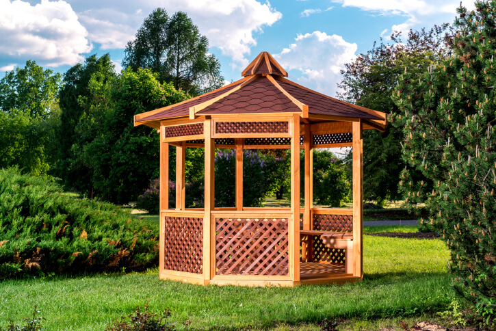 Another Asian inspired gazebo, this time with a unique roof. The differing colors of shingles and supports draw the eye upwards. Another Asian inspired gazebo, this time with a unique roof. The differing colors of shingles and supports draw the eye upwards.