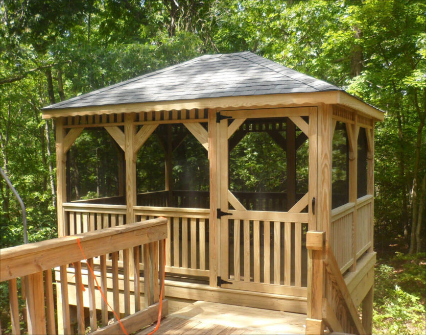Adding screens to your gazebo keeps the bugs out without also keeping out the cool breeze. This is perfect for an elevated treehouse-style gazebo like this one. Adding screens to your gazebo keeps the bugs out without also keeping out the cool breeze. This is perfect for an elevated treehouse-style gazebo like this one.