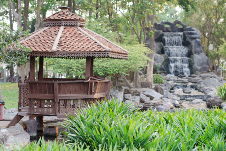 This gazebo has a bit more Asian flair and is situated over a small pool of water adjacent to a stone waterfall. This gazebo has a bit more Asian flair and is situated over a small pool of water adjacent to a stone waterfall.