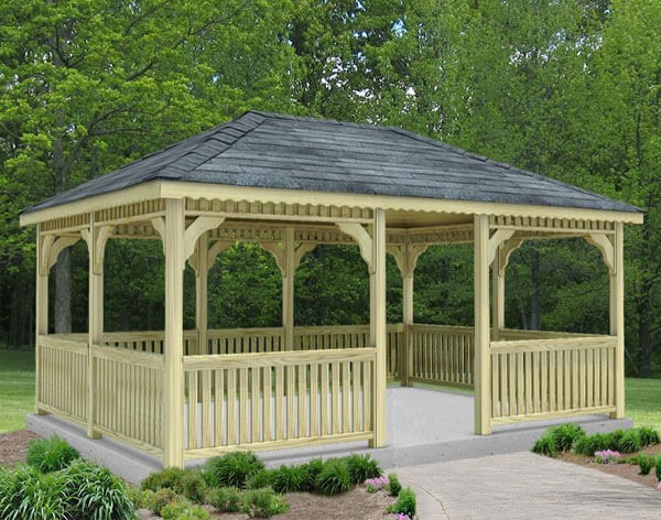 A lovely single-roof pine rectangular gazebo sitting on a concrete pad. This is a classic gazebo style that is large enough to accommodate two separate entertaining areas. A lovely single-roof pine rectangular gazebo sitting on a concrete pad. This is a classic gazebo style that is large enough to accommodate two separate entertaining areas.