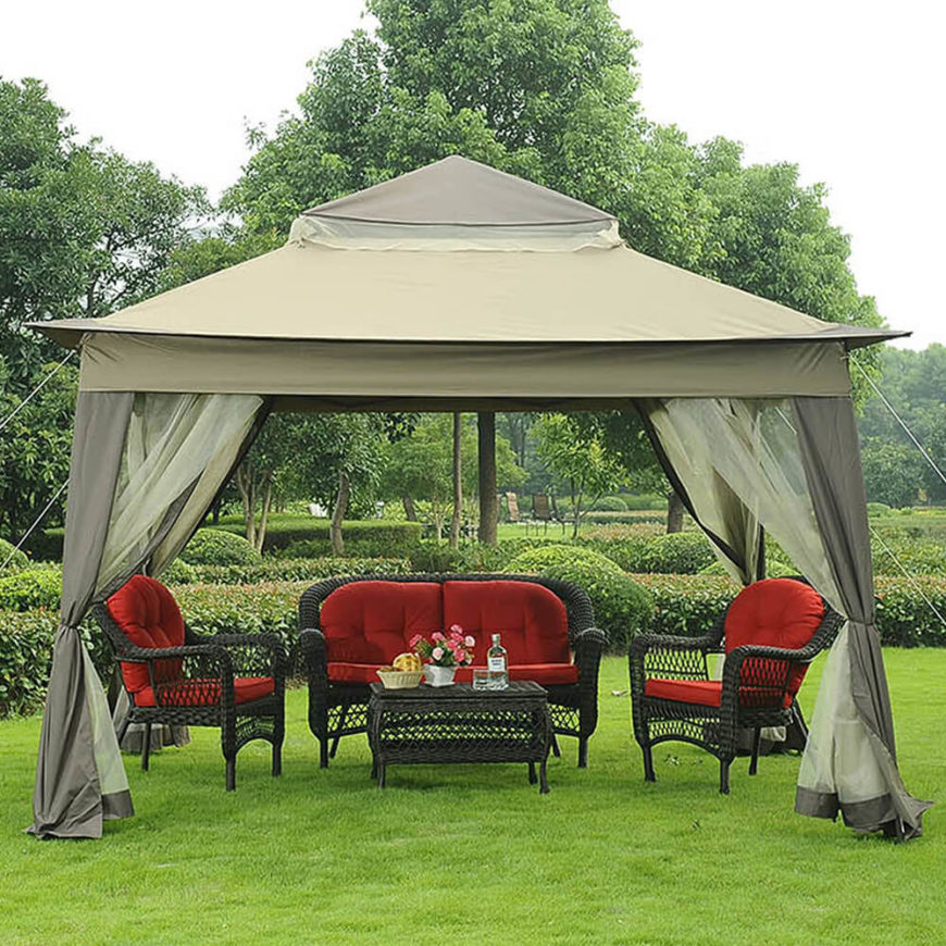 While this gazebo is typically open, the screen or shades can be drawn if privacy is desired or as the evening falls and bugs start to emerge. While this gazebo is typically open, the screen or shades can be drawn if privacy is desired or as the evening falls and bugs start to emerge.