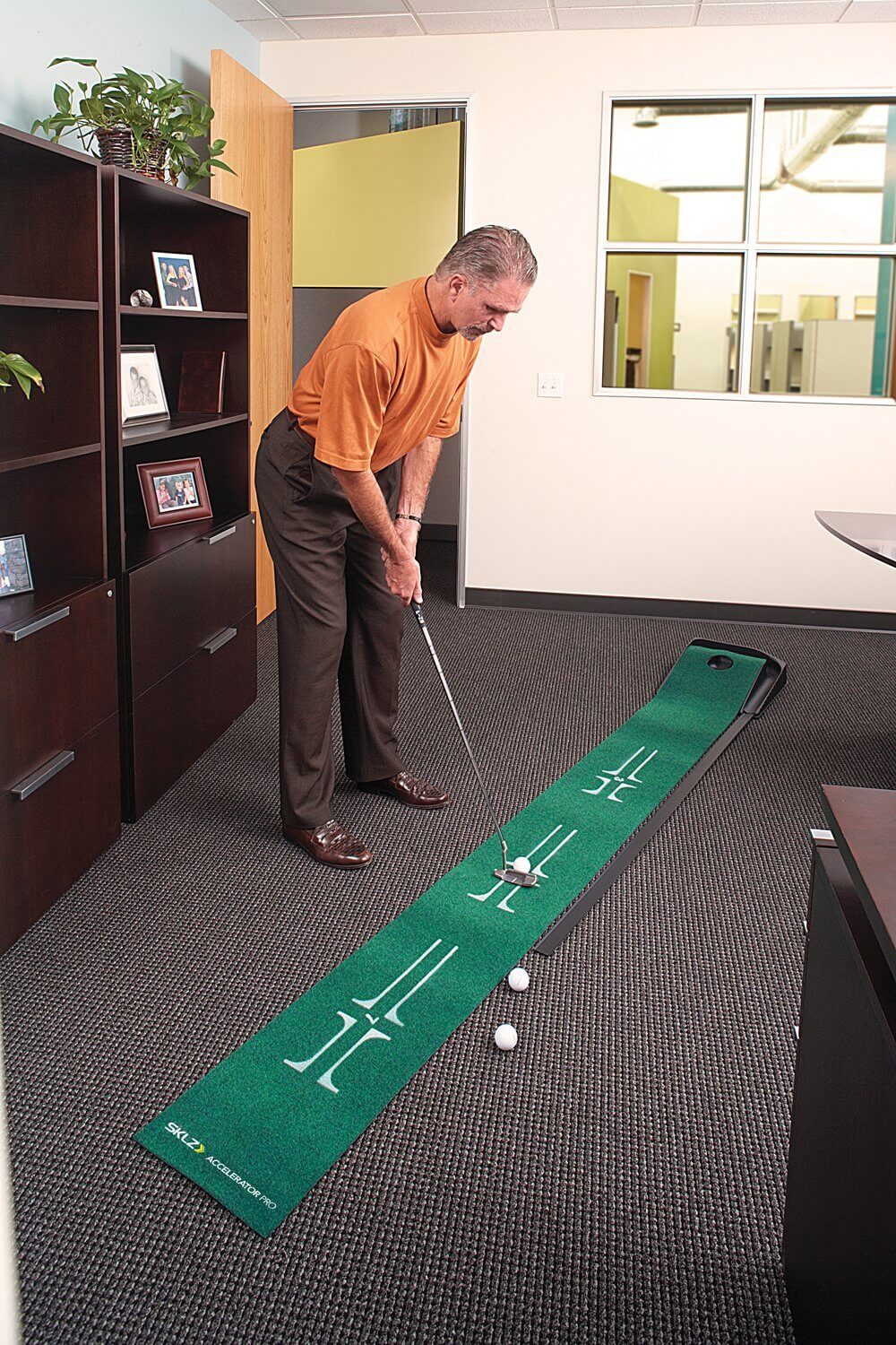 This indoor putting green is a more traditional example, with rolled-out surface locking into a simple raised plastic hole and ball return. This indoor putting green is a more traditional example, with rolled-out surface locking into a simple raised plastic hole and ball return.