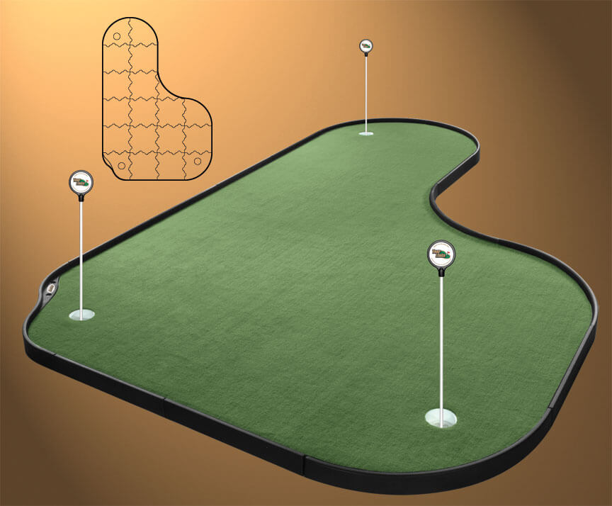 Three hole nylon turf green fits neatly into a corner space. Three hole nylon turf green fits neatly into a corner space.