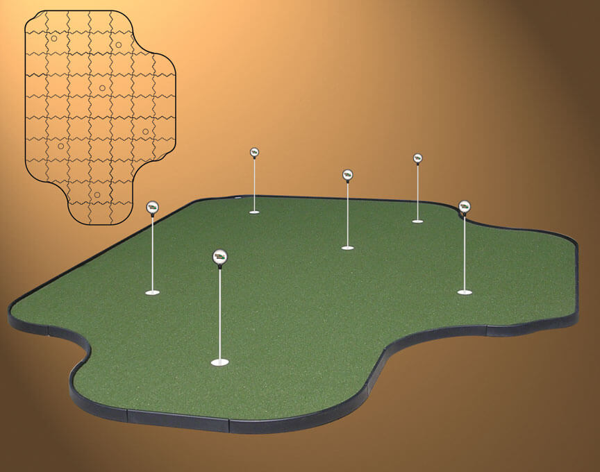 This nylon turf green comes in interlocking pieces, offering a range of shapes and portability, breaking down into manageable boxes for transport. Multiple holes and irregular shape offers replay variety. This nylon turf green comes in interlocking pieces, offering a range of shapes and portability, breaking down into manageable boxes for transport. Multiple holes and irregular shape offers replay variety.