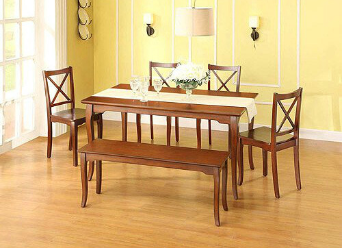 Here's a six piece dining set with wood-topped bench in a traditional style. Here's a six piece dining set with wood-topped bench in a traditional style.