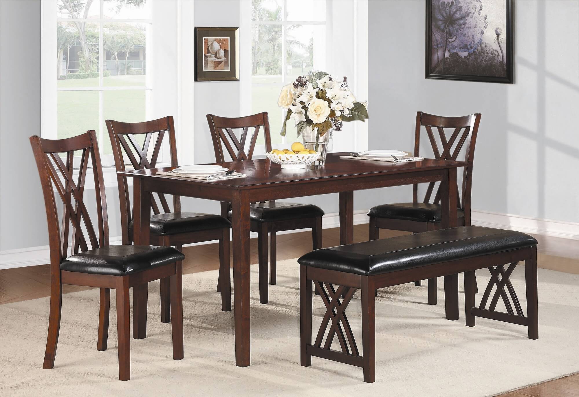 Six piece dining set with bench with a cherry finish and upholstered chairs and bench. Six piece dining set with bench with a cherry finish and upholstered chairs and bench.