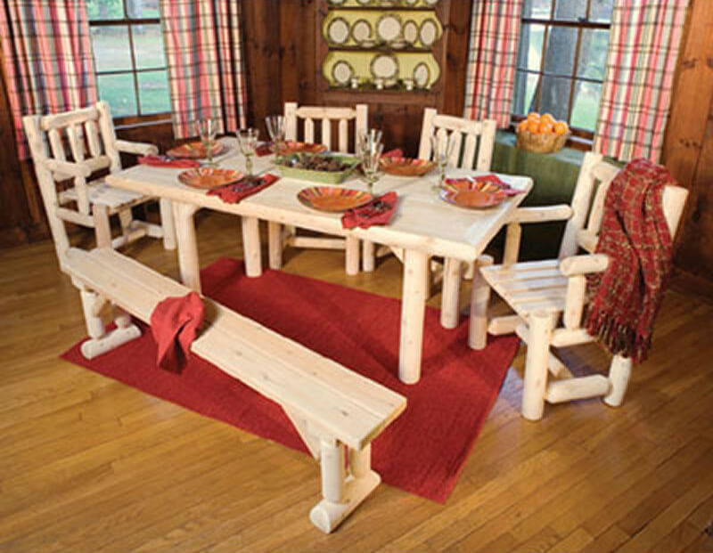 Here's another log cabin style dining set with bench. It provides a real natural look and is no doubt very solid. The wood used is white cedar. Here's another log cabin style dining set with bench. It provides a real natural look and is no doubt very solid. The wood used is white cedar.