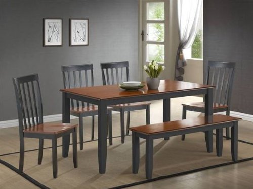 2-tone dining set with bench The chair seats, table top and bench seat is natural wood with the legs and chair backs grey. FYI - the seats and table top constructed with medium density fiber board (MDF). 2-tone dining set with bench The chair seats, table top and bench seat is natural wood with the legs and chair backs grey. FYI - the seats and table top constructed with medium density fiber board (MDF).