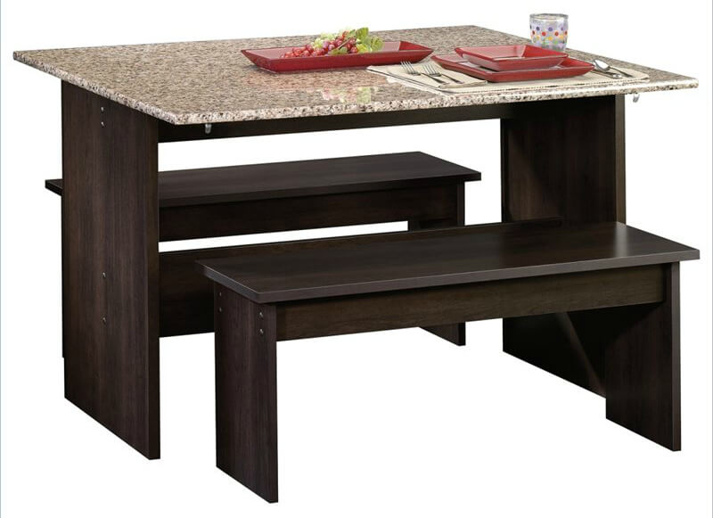 This is a small dining table with two benches. It's like an indoor picnic table with a faux marble table top. This is a small dining table with two benches. It's like an indoor picnic table with a faux marble table top.