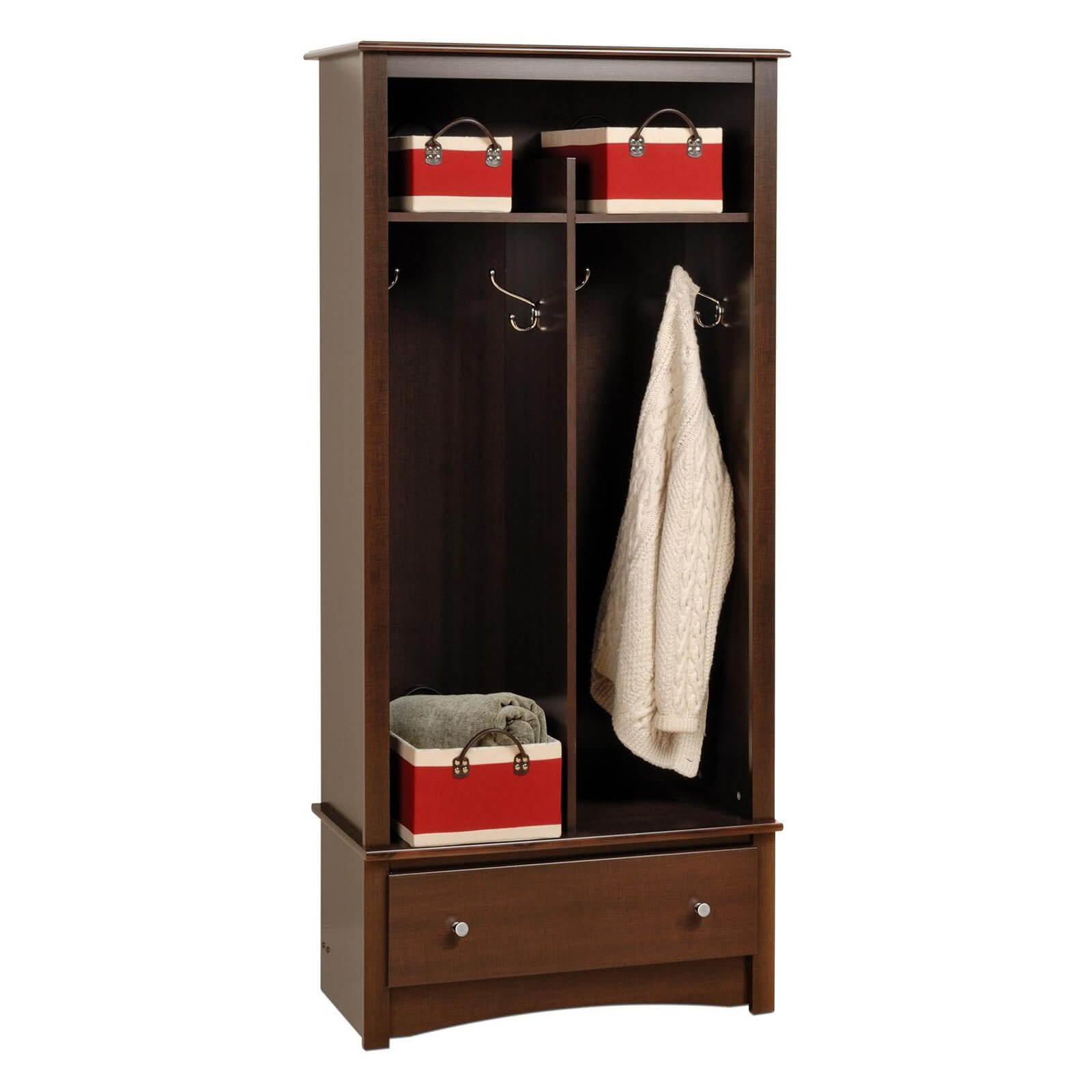 Here's a decorative mudroom locker that could easily work well in a more formal foyer. It's 2 sections includes decorative hooks. The bottom drawer offers additional concealed storage. It measures 32 inches wide, 16 inches deep and 69 inches in height. Here's a decorative mudroom locker that could easily work well in a more formal foyer. It's 2 sections includes decorative hooks. The bottom drawer offers additional concealed storage. It measures 32 inches wide, 16 inches deep and 69 inches in height.