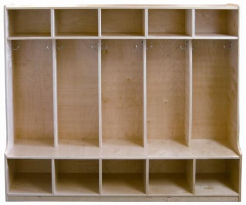 While the image of this cubby locker isn't dressed up with coats and bags, don't disregard it. It's inexpensive and has a very nice feature that many don't have - namely a bench on the lover level, which is super handy and convenient for kids. While the image of this cubby locker isn't dressed up with coats and bags, don't disregard it. It's inexpensive and has a very nice feature that many don't have - namely a bench on the lover level, which is super handy and convenient for kids.