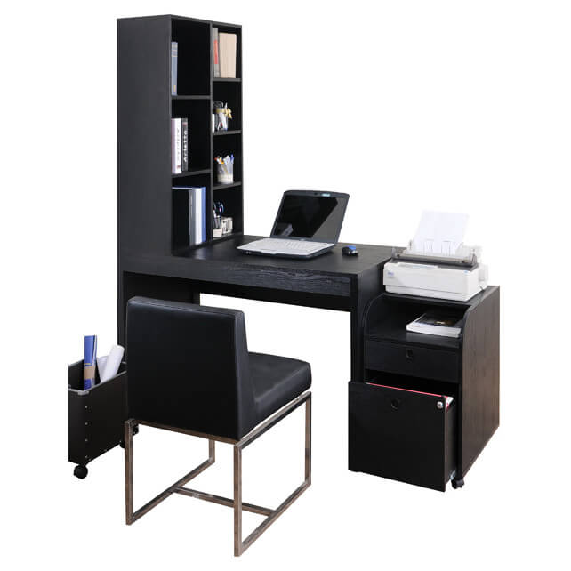 A black desk holds a slightly more modern tone than traditional natural wood styles, yet retains a more stately, serious look. Metal frame desks often come in black as well. A black desk holds a slightly more modern tone than traditional natural wood styles, yet retains a more stately, serious look. Metal frame desks often come in black as well.