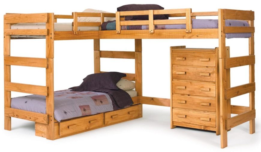 As the name implies, a triple bunk bed has sleeping space for three. Some configurations stack them vertically, which works if you have ample headroom and high ceilings in your home. Most examples spread the beds around, with either an added trundle or like this L-shaped configuration. As the name implies, a triple bunk bed has sleeping space for three. Some configurations stack them vertically, which works if you have ample headroom and high ceilings in your home. Most examples spread the beds around, with either an added trundle or like this L-shaped configuration.