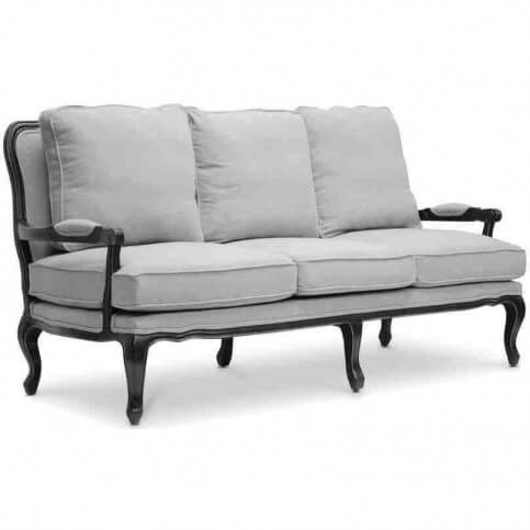 This traditional grey linen sofa has a solid hardwood oak frame with a distressed black finish. The style is based on a traditional French sofa style. This is a smaller piece that can be paired with other styles or can stand on its own. This traditional grey linen sofa has a solid hardwood oak frame with a distressed black finish. The style is based on a traditional French sofa style. This is a smaller piece that can be paired with other styles or can stand on its own.