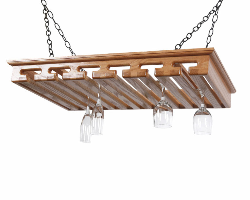 A second type of hanging wine rack involves being mounted and hung from the ceiling. These typically hang above a table or island for accessibility and visual appeal. A second type of hanging wine rack involves being mounted and hung from the ceiling. These typically hang above a table or island for accessibility and visual appeal.