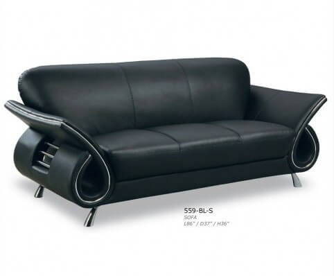 This black leather sofa is finished with chrome detailing in the legs and arms for a solid modern look. Deep seats and soft cushions add to the comfort factor. This black leather sofa is finished with chrome detailing in the legs and arms for a solid modern look. Deep seats and soft cushions add to the comfort factor.