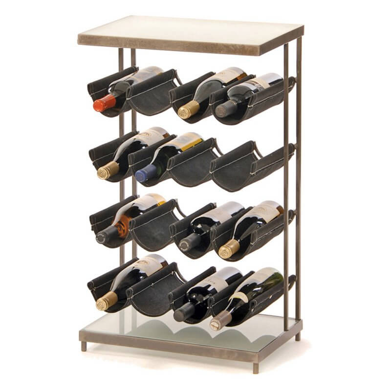 A second example of metal wine rack construction, pictured here, shows the material's ability to mix with other elements. In this case, we have canvas slings holding the bottles themselves. A second example of metal wine rack construction, pictured here, shows the material's ability to mix with other elements. In this case, we have canvas slings holding the bottles themselves.