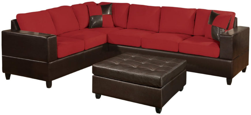 This plush two-piece sectional sofa includes two throw pillows. Bright red microfiber upholstery is mixed with faux leather in a deep chocolate brown. The sleek design is elegant and modern. This plush two-piece sectional sofa includes two throw pillows. Bright red microfiber upholstery is mixed with faux leather in a deep chocolate brown. The sleek design is elegant and modern.