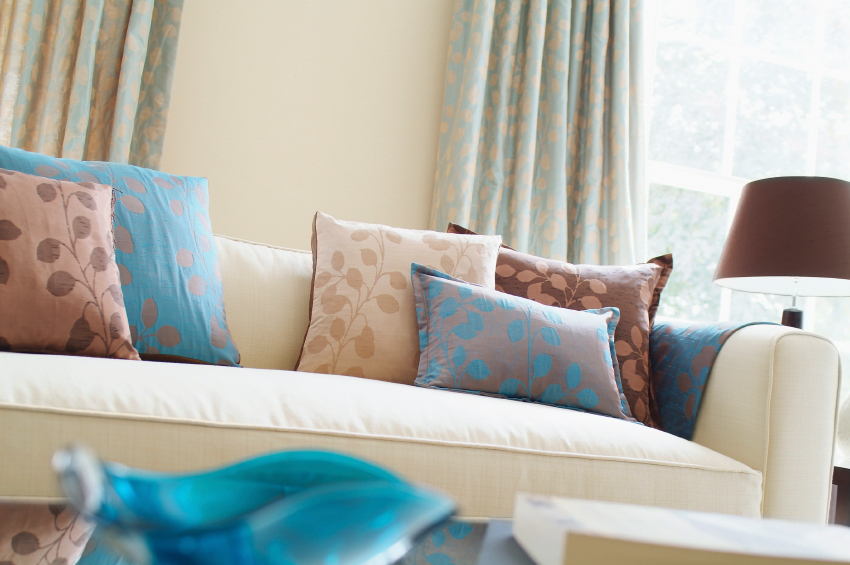 Sofa with homemade DIY throw pillows. Sofa with homemade DIY throw pillows.
