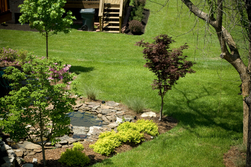 A small, shallow pond created by stacking stones. This pond is integrated into the enormous yard by a few ornamental trees, bushes, and a bed of wood chips around it. A small, shallow pond created by stacking stones. This pond is integrated into the enormous yard by a few ornamental trees, bushes, and a bed of wood chips around it.