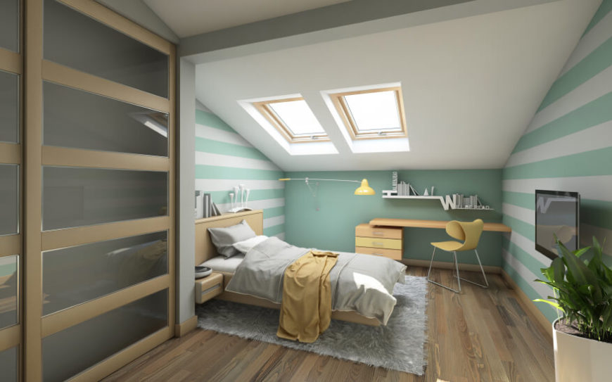 This bedroom features ample sunlight, a soft shag rug, and a pastel color palette of yellow and mint. This bedroom features ample sunlight, a soft shag rug, and a pastel color palette of yellow and mint.