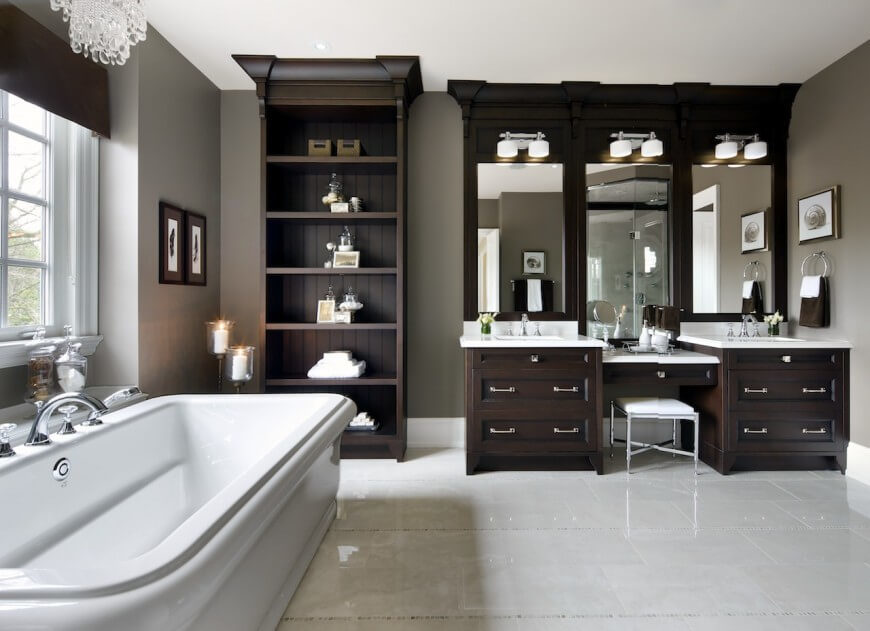 The bathroom from another angle reveals the tall dark wooden shelving unit. The dark wood contrasts beautifully with the gleaming white tiled floor. The bathroom from another angle reveals the tall dark wooden shelving unit. The dark wood contrasts beautifully with the gleaming white tiled floor.