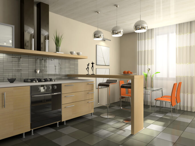 Black appliances, with natural light wood cabinets and an open dine-in bar, create a stunning contrast with other elements in the room, including the orange dining chairs and silver pendant lights. Black appliances, with natural light wood cabinets and an open dine-in bar, create a stunning contrast with other elements in the room, including the orange dining chairs and silver pendant lights.