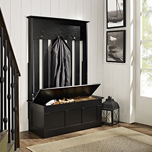 Rich dark woods contrast with the bead board walls. A traditional hall tree is combined with a storage bench for an all-in-one solution to a small or non-existent closet. Rich dark woods contrast with the bead board walls. A traditional hall tree is combined with a storage bench for an all-in-one solution to a small or non-existent closet.