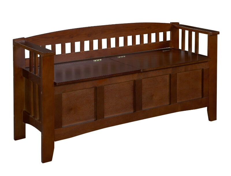 Front entry storage bench with hard top and arms. The lifting seat is divided into to individual sections to keep your stash organized. Great for storing seasonal apparel. Front entry storage bench with hard top and arms. The lifting seat is divided into to individual sections to keep your stash organized. Great for storing seasonal apparel.