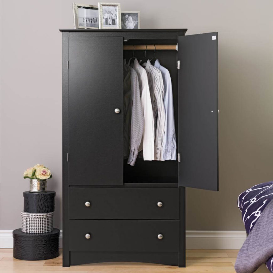 Two drawers on the bottom will hold the items that can be folded, while hanging items have plenty of room on the top half. Two drawers on the bottom will hold the items that can be folded, while hanging items have plenty of room on the top half.