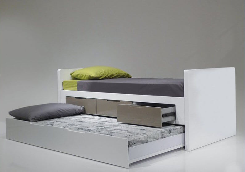 This raised bed is perfect for sleep-overs, and includes three stainless-steel drawers for additional under-the-bed storage. Think pillows or blankets. This raised bed is perfect for sleep-overs, and includes three stainless-steel drawers for additional under-the-bed storage. Think pillows or blankets.