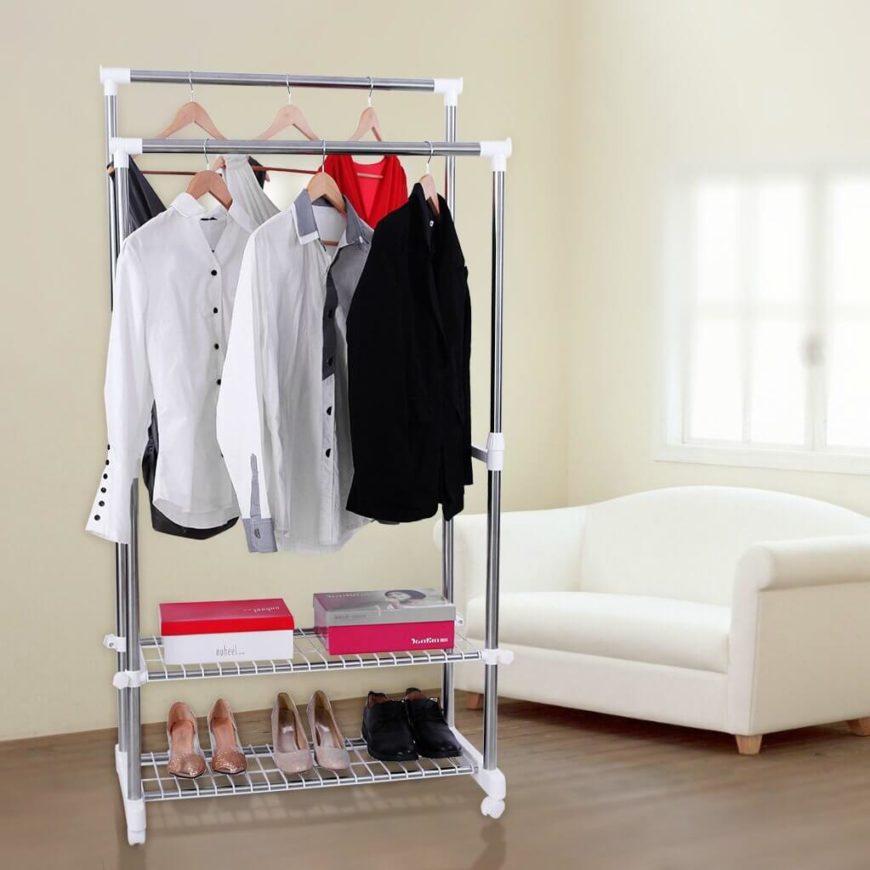 This option lacks a long rack for dresses, but you'll gain two shelves perfect for storing shoes. You could also use this to lay out your clothing for the next day, to save time getting dressed the next morning. This option lacks a long rack for dresses, but you'll gain two shelves perfect for storing shoes. You could also use this to lay out your clothing for the next day, to save time getting dressed the next morning.