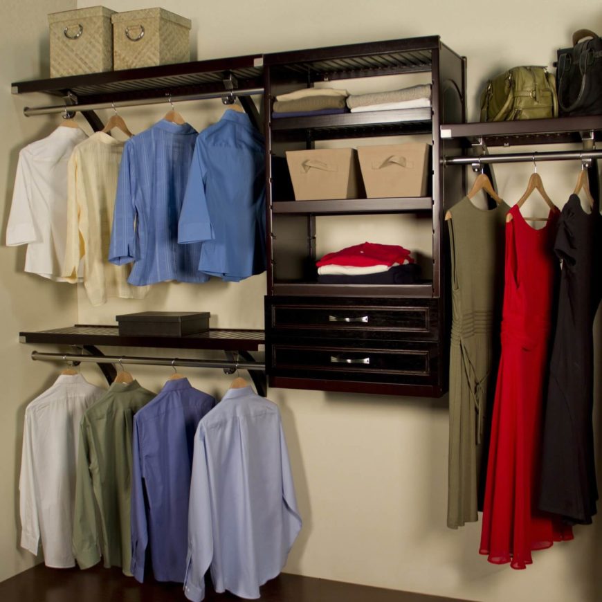 This deluxe closet organizer has plenty of sturdy racks, shelves, and a few drawers to store smaller pieces of clothing, like socks. This deluxe closet organizer has plenty of sturdy racks, shelves, and a few drawers to store smaller pieces of clothing, like socks.