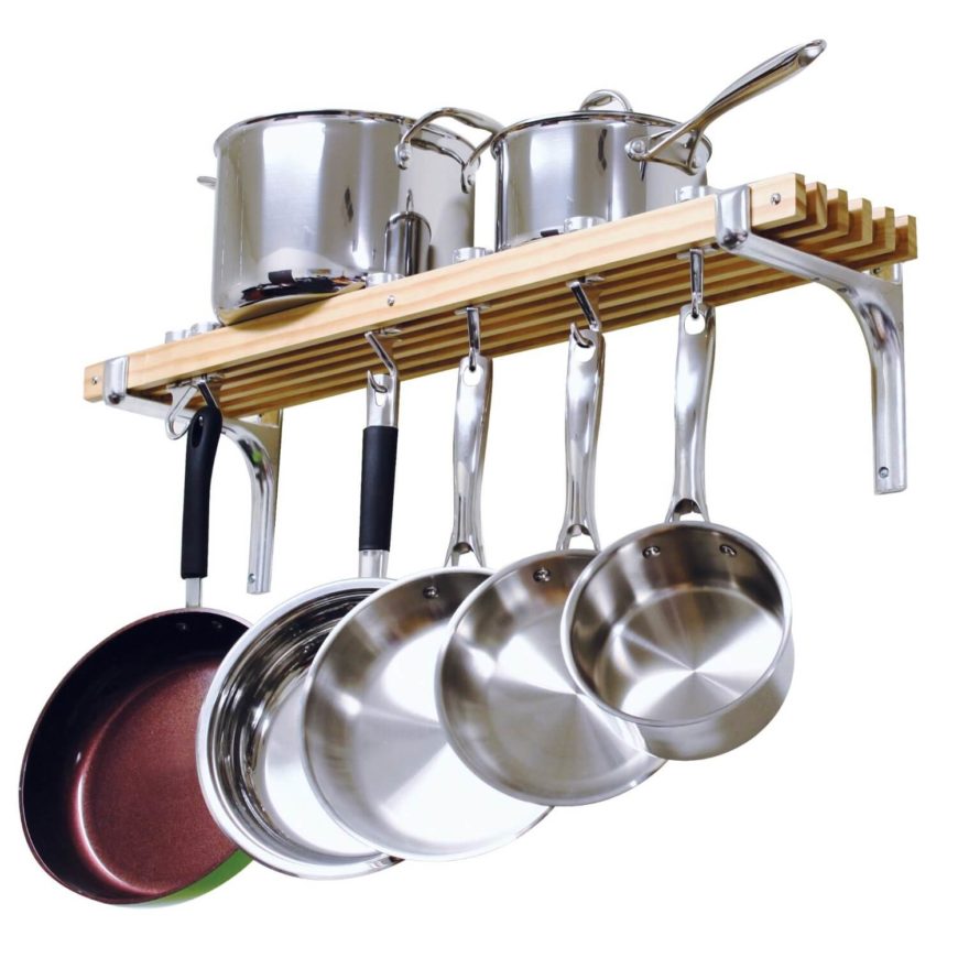This standard wall-mounted pot rack allows you to hang your skillets from the hooks, while stacking your larger stock pots and pans on the shelf. This standard wall-mounted pot rack allows you to hang your skillets from the hooks, while stacking your larger stock pots and pans on the shelf.