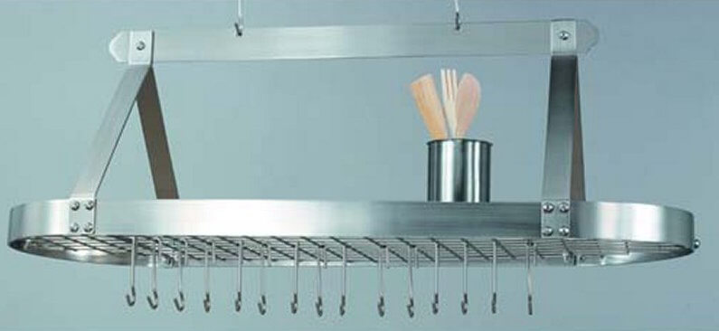 This stainless-steel rack features a center grid so you can re-arrange the hooks to suit your needs. This stainless-steel rack features a center grid so you can re-arrange the hooks to suit your needs.
