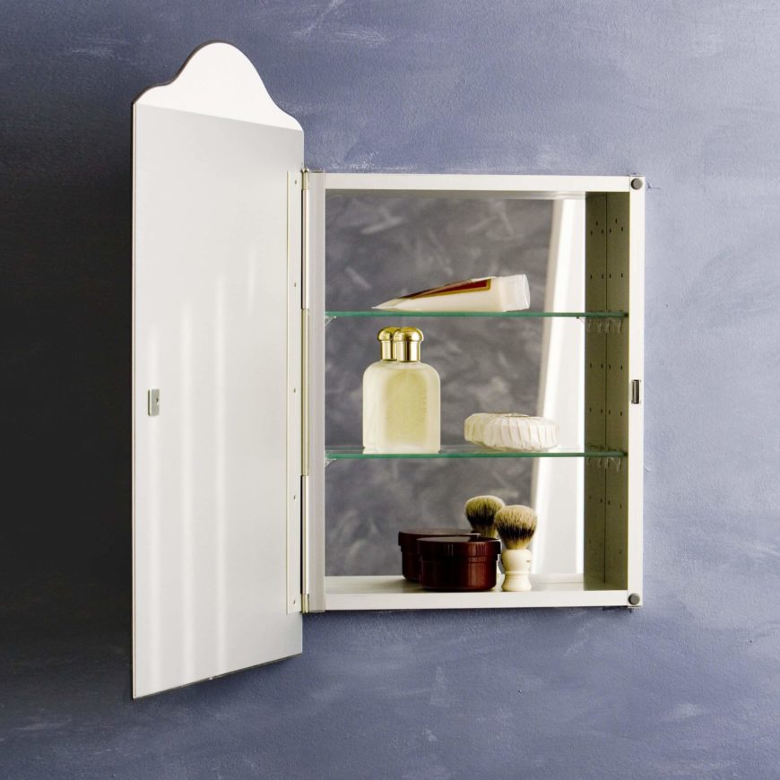 The front is much larger than the inside, so you get a sleek, arched mirror with a hidden inside. The cabinet is inset into the wall, so your mirror will look flush to the wall. The front is much larger than the inside, so you get a sleek, arched mirror with a hidden inside. The cabinet is inset into the wall, so your mirror will look flush to the wall.