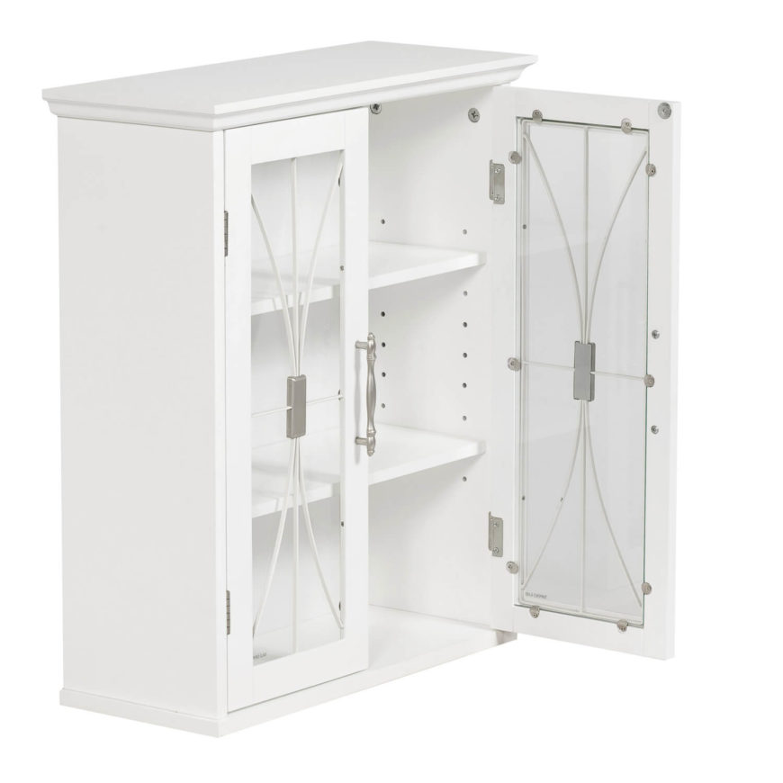 Glass-front doors with small embellishments dress up an otherwise simple medicine cabinet. You could also use this option as towel storage, or as storage above the toilet. Glass-front doors with small embellishments dress up an otherwise simple medicine cabinet. You could also use this option as towel storage, or as storage above the toilet.